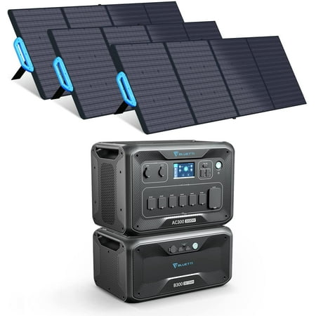 

BLUETTI AC300&B300 Solar Generator 3072Wh Expansion Battery Power Station with 3 PV200 200W Solar Panels Included 6 X 3000W AC Outlets UPS Backup Battery for Home Use