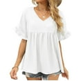thumbnail image 4 of Mujeres Cuello redondo Sólido Escote en V Camisetas Manga corta con volantes Camiseta Blusa Loose Fit Peplum Tops Fridja bn7402, 4 of 8