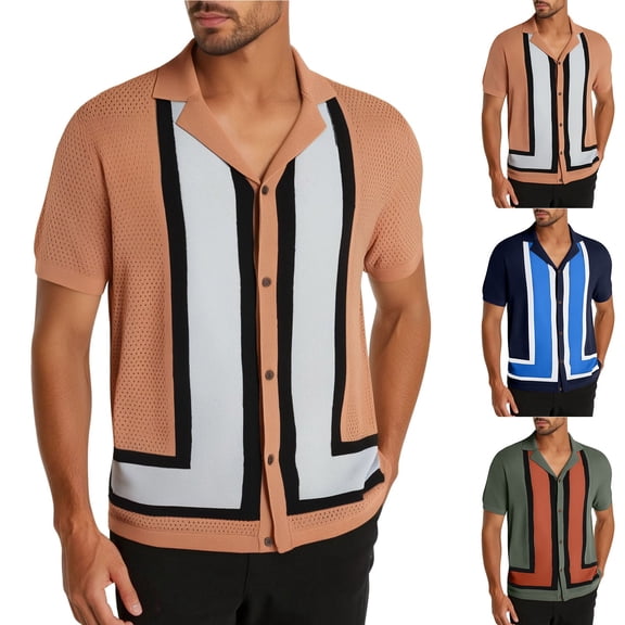 Hinvhai Men's Vintage Knit Polo Shirt Short Sleeve Striped Button Down Knitting Golf Shirts Orange XL(XL)