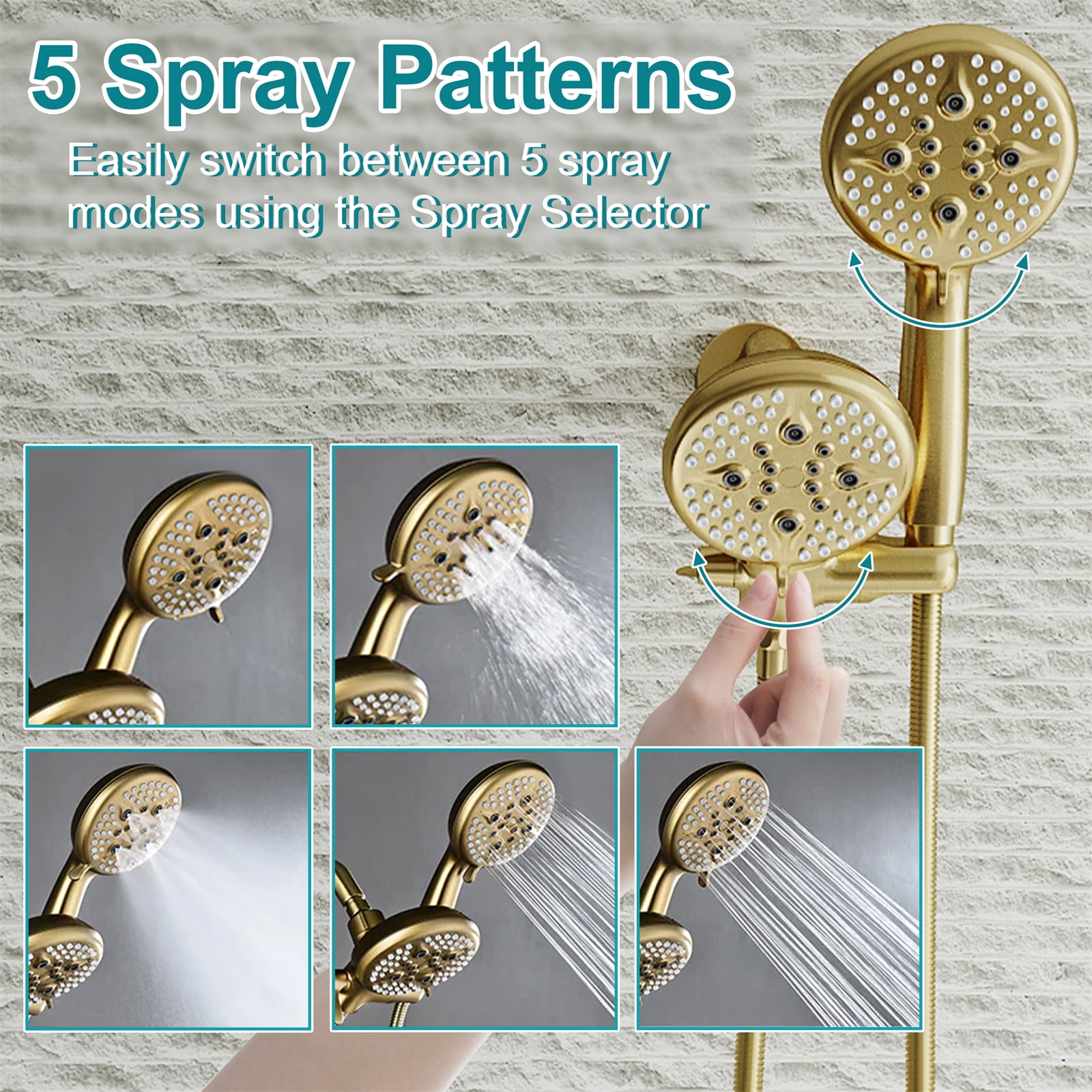 ANGELES HOME Bathtub Shower Faucet Set with Tub Spout, 2-in-1 Dual Shower Head System with Handheld Spray Combo, 5-Mode, Valve Trim Kit, Brushed Gold