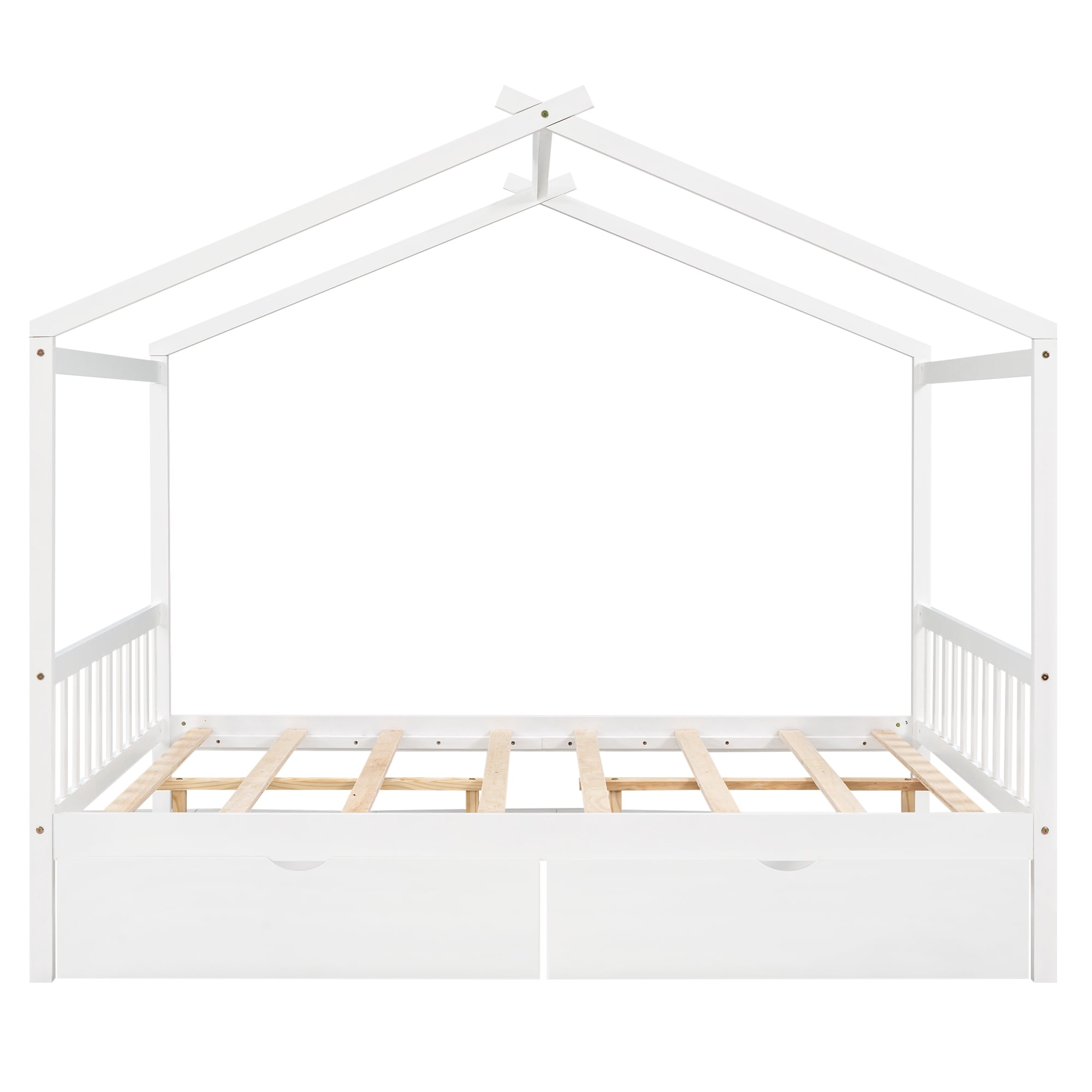 Bellemave Full Size House Bed with Roof,Full Low Platform Bed Frame with 2 Drawers,Solid Wood Storage Bed,Can be Decorated(White,Full)