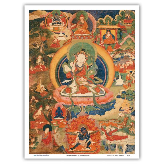 Padmasambhava as Loden Chogse (Supreme Genius) - Vintage Tibetan Thangka Buddhist Painting - Tibet, 18th Century - Master Art Print (Unframed) 9in x 12in