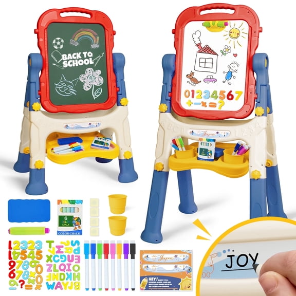 Joyooss Kids Art Easel, 2-in-1 Adjustable Double-Sided Magnetic Chalkboard & Dry Erase Board with Personalized Name Sticker, Art Accessories Included, Ages 3 , Red/Blue/White