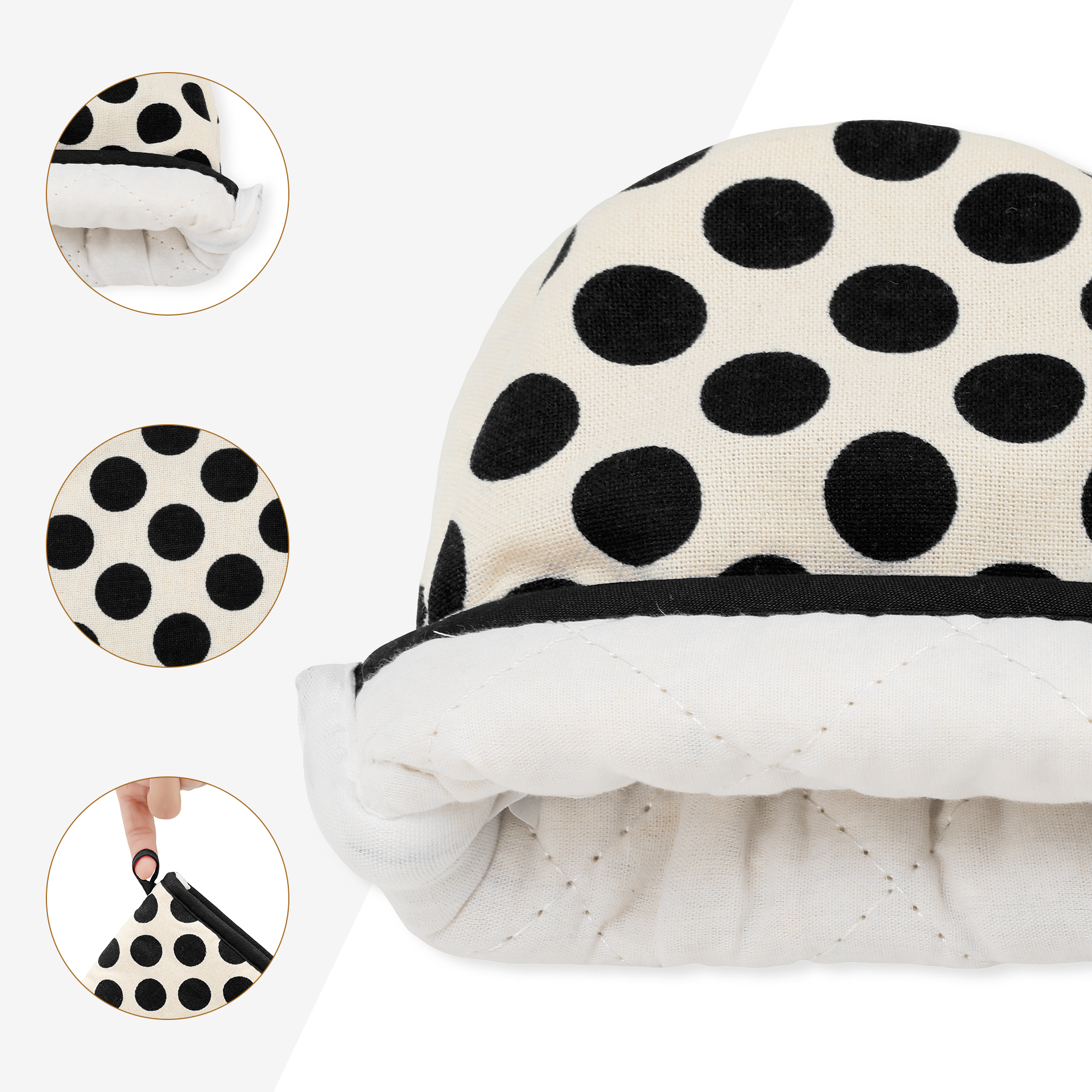 Unique Bargains Oven Mitts Heat Resistant Cooking Gloves Black Polka Dots 7.1x5.5inch