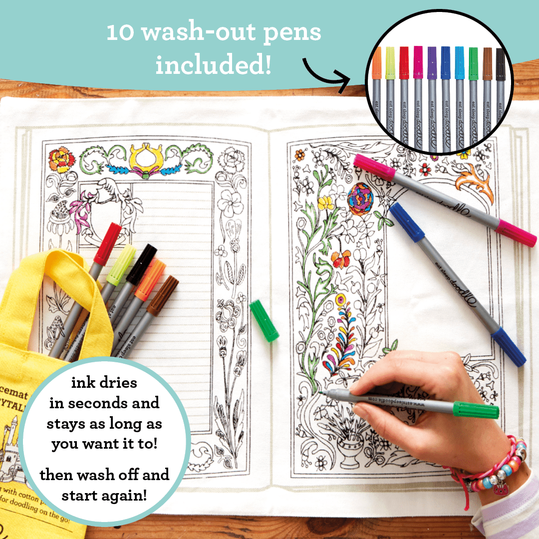 eatsleepdoodle Coloring Cotton Placemat with Washable Markers - Fairy Tale and Princess Color in Activity Craft Kit for Girls and Boys Age 3+