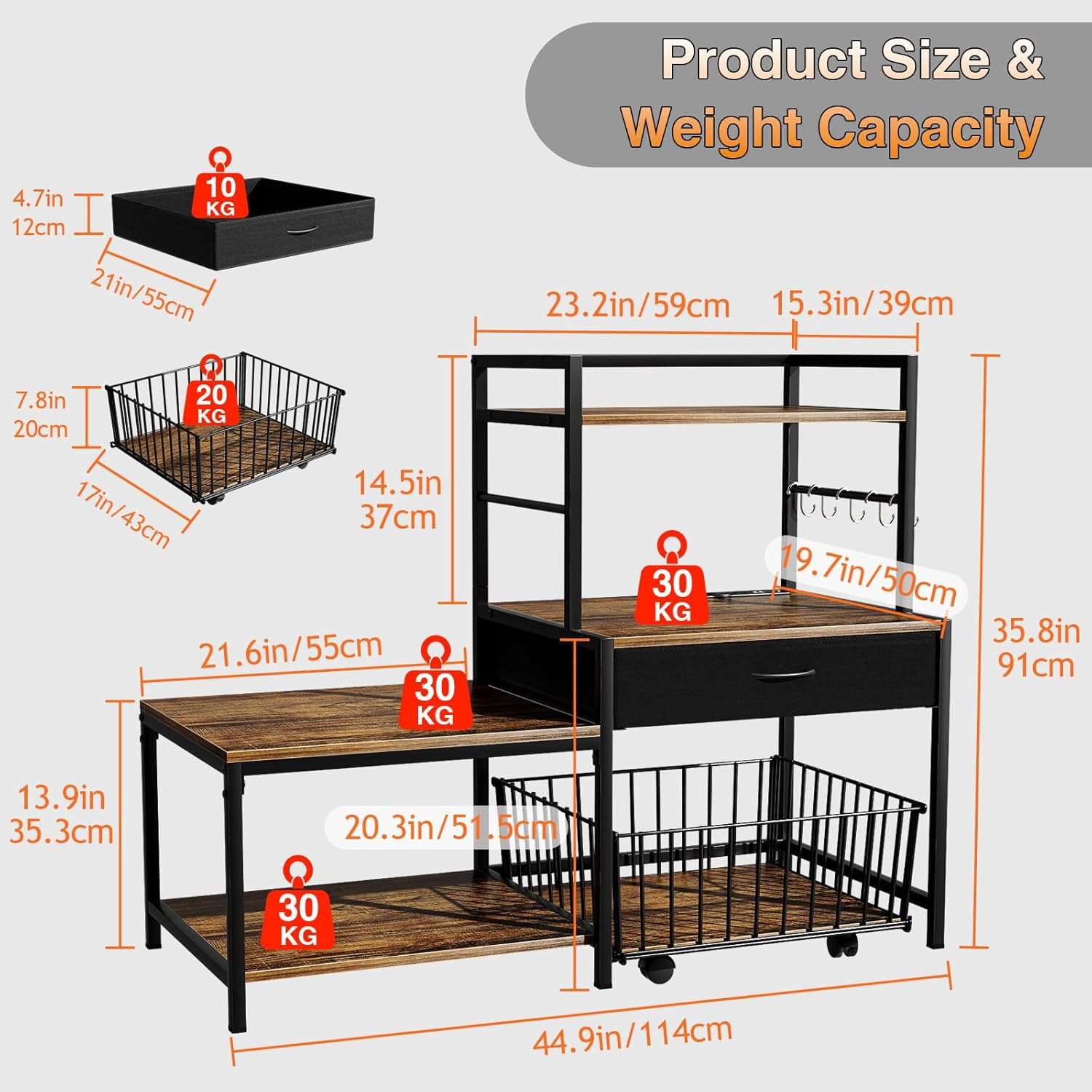 Bakers Rack with Mini Fridge Stand & Microwave Shelf – Coffee Bar with Drawer, Rolling Basket Storage & Hooks – Heavy Duty Kitchen Organizer for Apartments, Dorms & Living Rooms, Brown