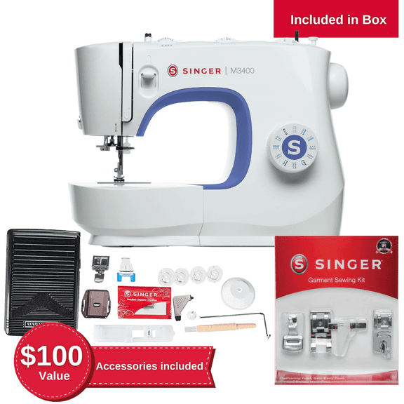 SINGER® Super Bundle Special - M3400 Sewing Machine with Bonus 3-piece Presser Foot Kit, Packed with Specialty Accessories, Built-In Needle Threader, Easy-to-Use, Great for All Sewing Levels