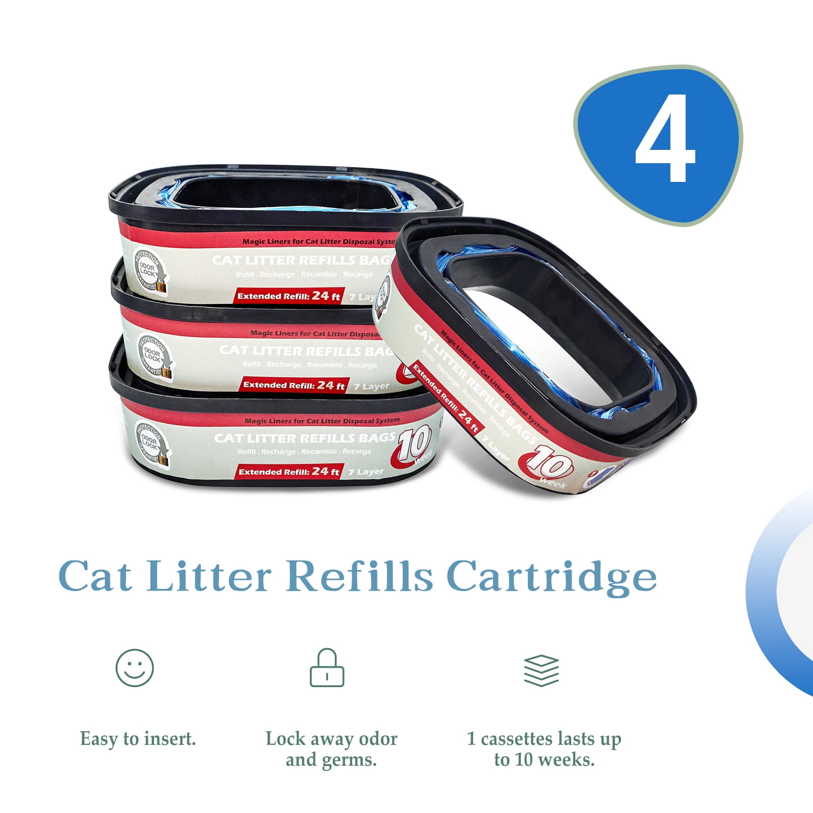 4 Pack Cat Litter Refill Bags Cartridge Compatible with Genie Cat Litter Standard and Plus Pails