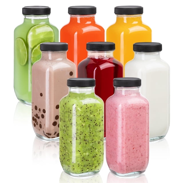 Juice Bottles Umud, juego de 8 botellas de vidrio transparente con tapas, 480 ml