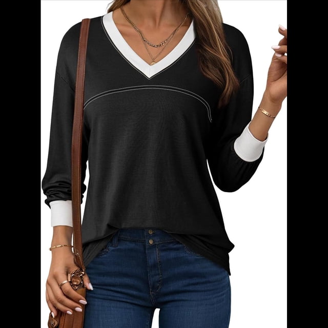 Blusas de Larga para Mujer, Blusas de Otoño, Camisetas Informales de Cuello en V Suaves y de Gran Tamaño, Ropa de Moda, Conjuntos Negro XXL
