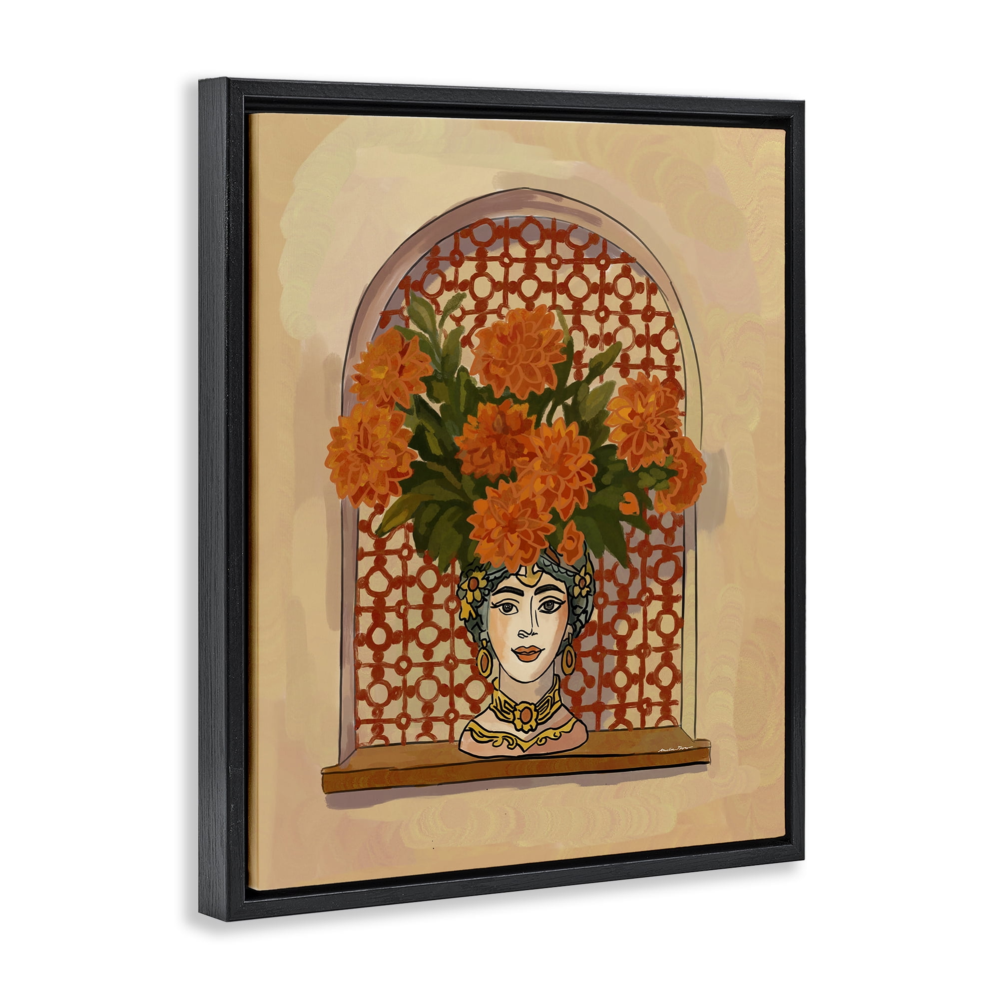 Stupell Industries Ornate Flower Head Vase Black Framed Floater Canvas Wall Art, design by Amelia Noyes