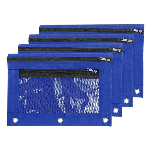 Unique Bargains Pencil Pouch for 3 Rings Binder, 4 Pack Oxford Cloth Mesh Zipper Binder Pouch Pencil Case Dark Blue