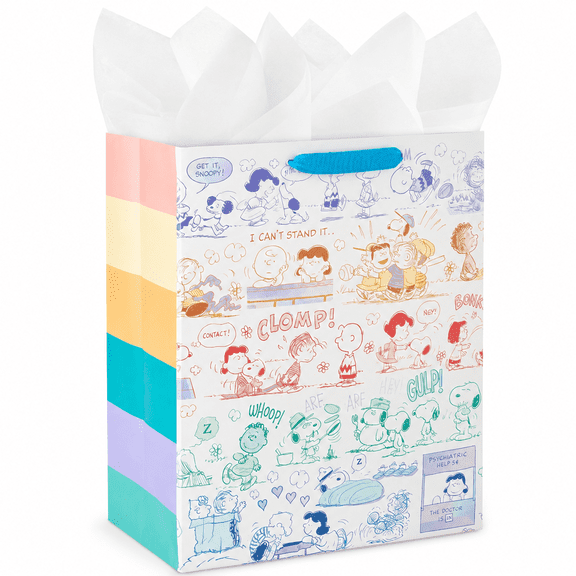 Peanuts Large Gift Bag with Tissue Paper, 13 Inch Snoopy and Charlie Brown Paper Gift Bag for Birthday, Christmas, Kids and Fans