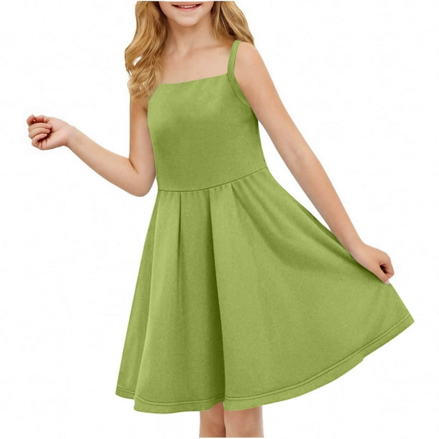 Tranfacy Robe d'Été pour Filles, Robe Camisole pour Filles, Robe Sans Manches Extensible Ligne A Évasée Patineuse pour Récital d'École Robe à Manches Courtes à Col Rond