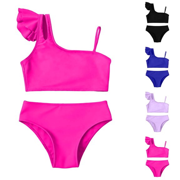 Kids Girls Swimsuit 2 Piece Bikini Set Block Cut Out Pink Swimwear with Adjustable Strap 9-10 Years