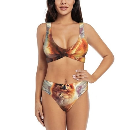 Zeuib Cute Cloud Pomeranian High Waisted Tummy Control Bikini Set - Knot Front Push Up Top & Cheeky Thong Bottom  Two-Piece Swimsuit for Women-Small