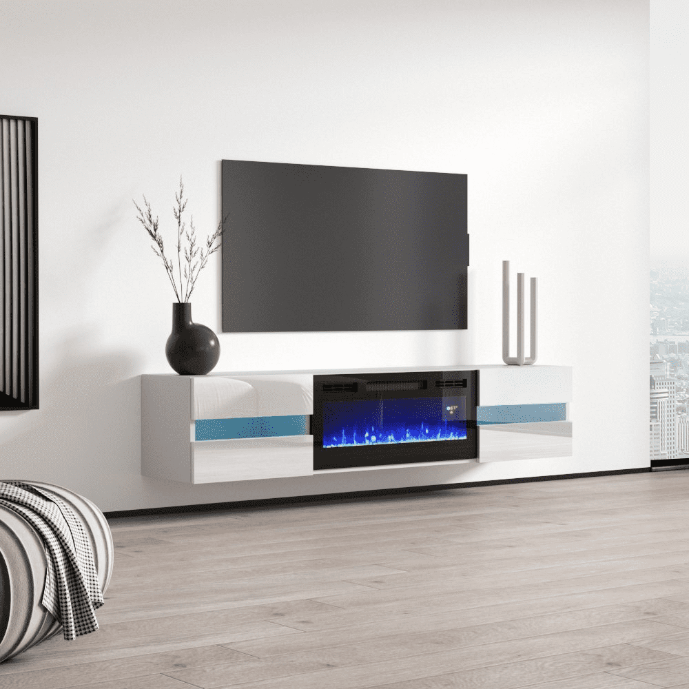 Metro BL-EF Floating Fireplace TV Stand for TVs up to 80", Modern High Gloss 72" Entertainment Center, Wall Mounted Electric Fireplace TV Media Console with Storage Cabinets