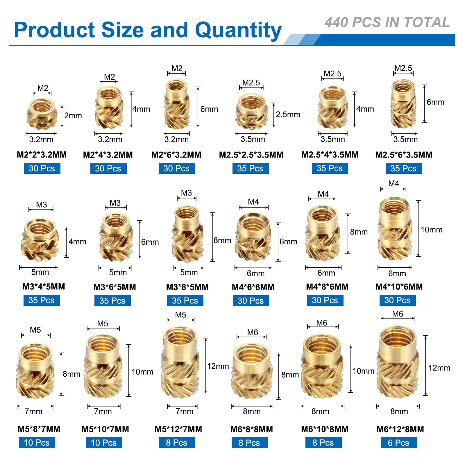 440Pack M2 M2.5 M3 M4 M5 M6 Metric Threaded Inserts Brass Heat Set Insert Knurled Nuts Assortment Kit, 3D Printing Brass Nuts Female Threaded Inserts Nuts