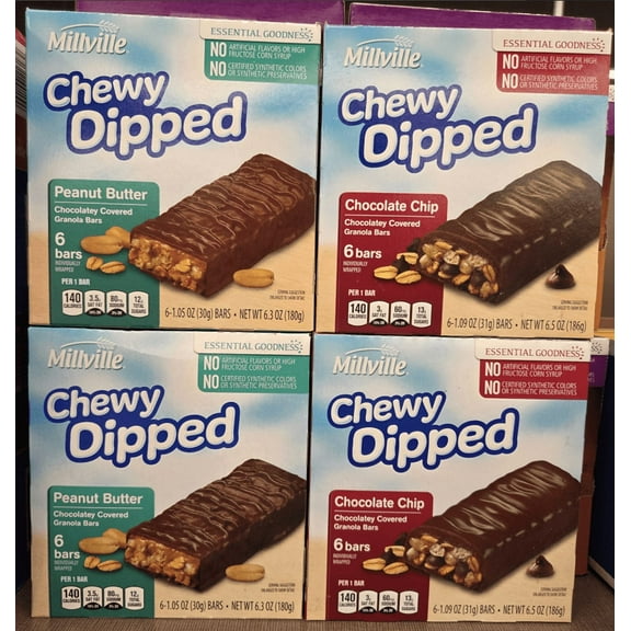 Millville Chewy Dipped Peanut Butter & Chocolate Chip Granola Bars 6.3oz 180g (4 Boxes)