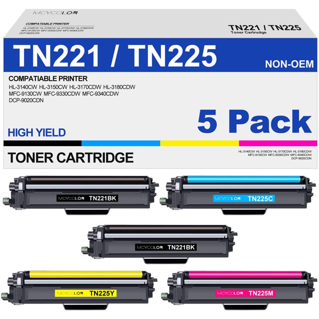 Cartucho de tóner MCYCOLOR TN221 TN225 de alto rendimiento, paquete de 5