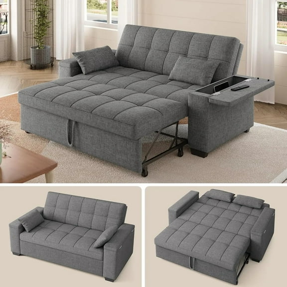 Sofá Cama Futón Convertible 3 en 1 de Lino, Sofá Cama Tamaño Queen con Sofá Extraíble, Reposabrazos con Espacio de Almacenamiento y Respaldo Ajustable para Sala de Estar, Gris Oscuro
