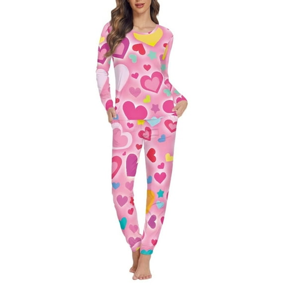 Renewold Women's Soft Long Sleeve Pajamas Set Multicolor Heart Print Top and Pants Pjs Fall Winter Vacation Lounge Sleepwear Sets with Pockets Size 2XL