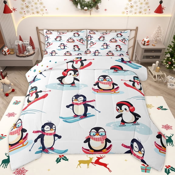 Homewish Kawaii Antarctic Penguin Bedding Comforter Set, Cartoon Winter Animal Twin Comforter Sets, Teens Kids Boys Girls Reversible Bedding Set, Luxury Bedroom Decor, 2pcs