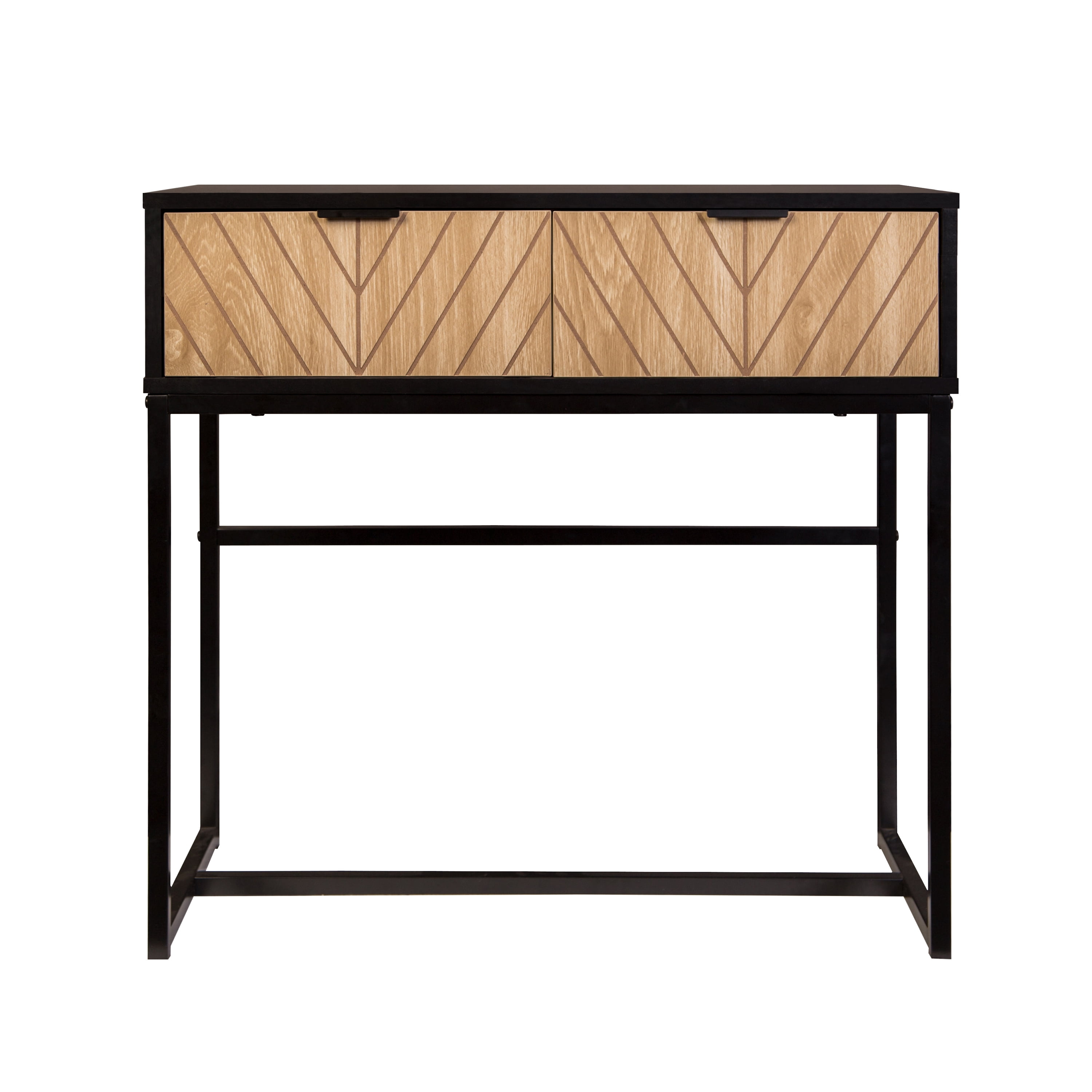 Modern Entryway Console Table, Matte Black Metal Frame Accent Table with Chevron Natural Wood Drawers, Compact Storage Sofa Side Table for Hallway Living Room Bedroom Small Spaces