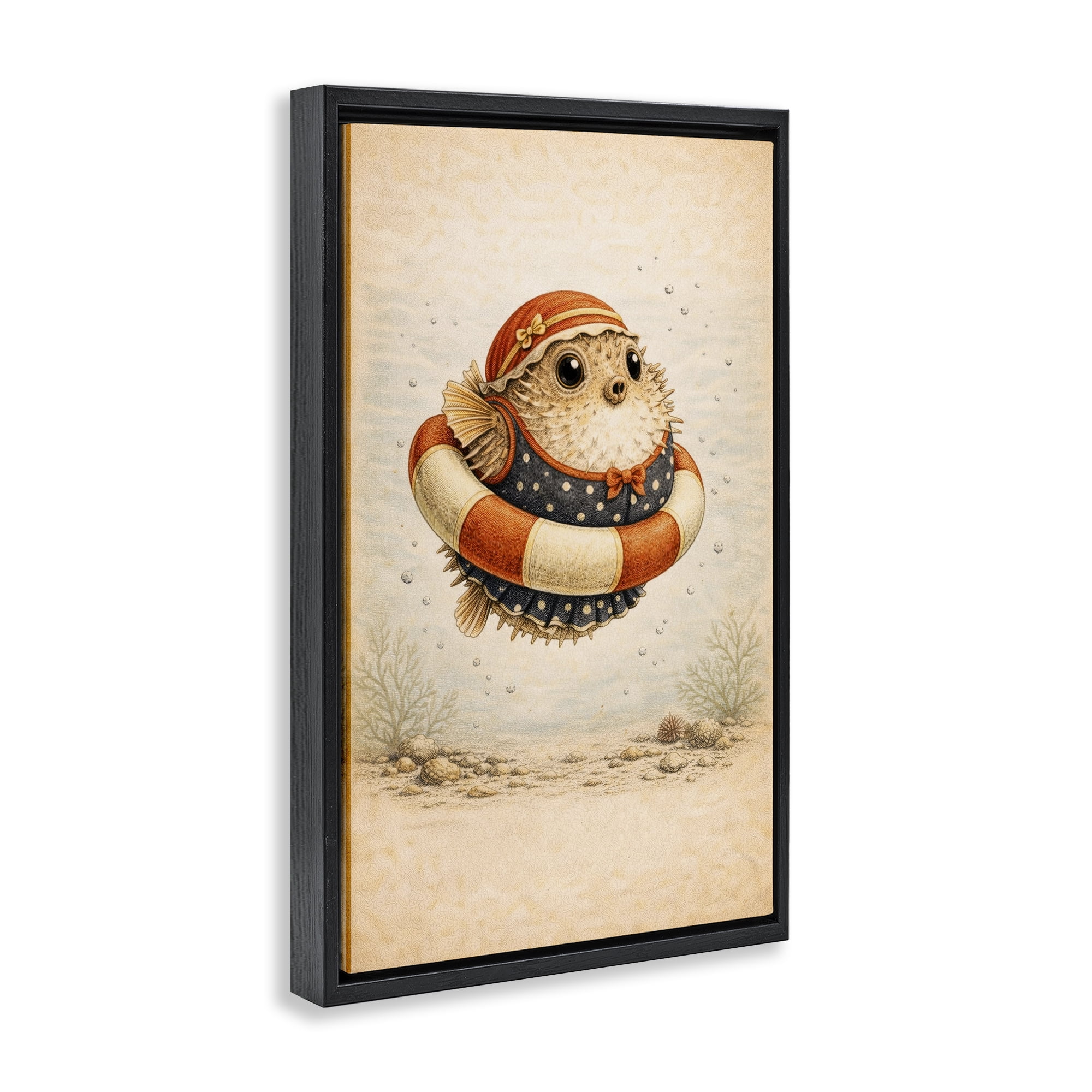 Stupell Industries Pufferfish Of Maritime Bathing Society Black Framed Floater Canvas Wall Art, design by Grotto Studios