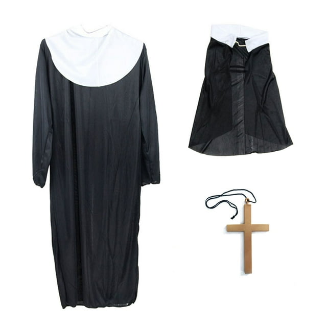 Disfraces de Halloween, disfraz de monja, túnica, pañuelo para la cabeza, gran cruz dorada, traje para mujer