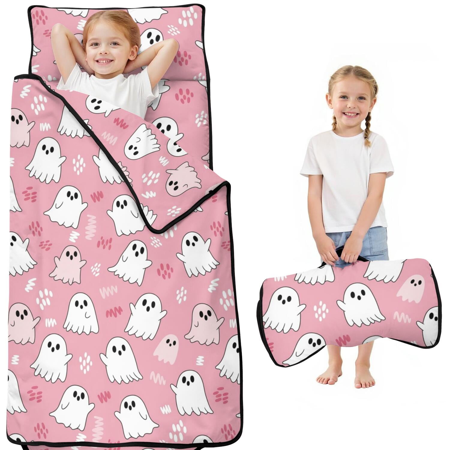 Pastel Halloween Ghost Pattern Kids Nap Mat Sleeping Mat with Removable Pillow with Handle & Fastening Straps Easy Roll Up Gifts for Birthday Holiday 50 x20