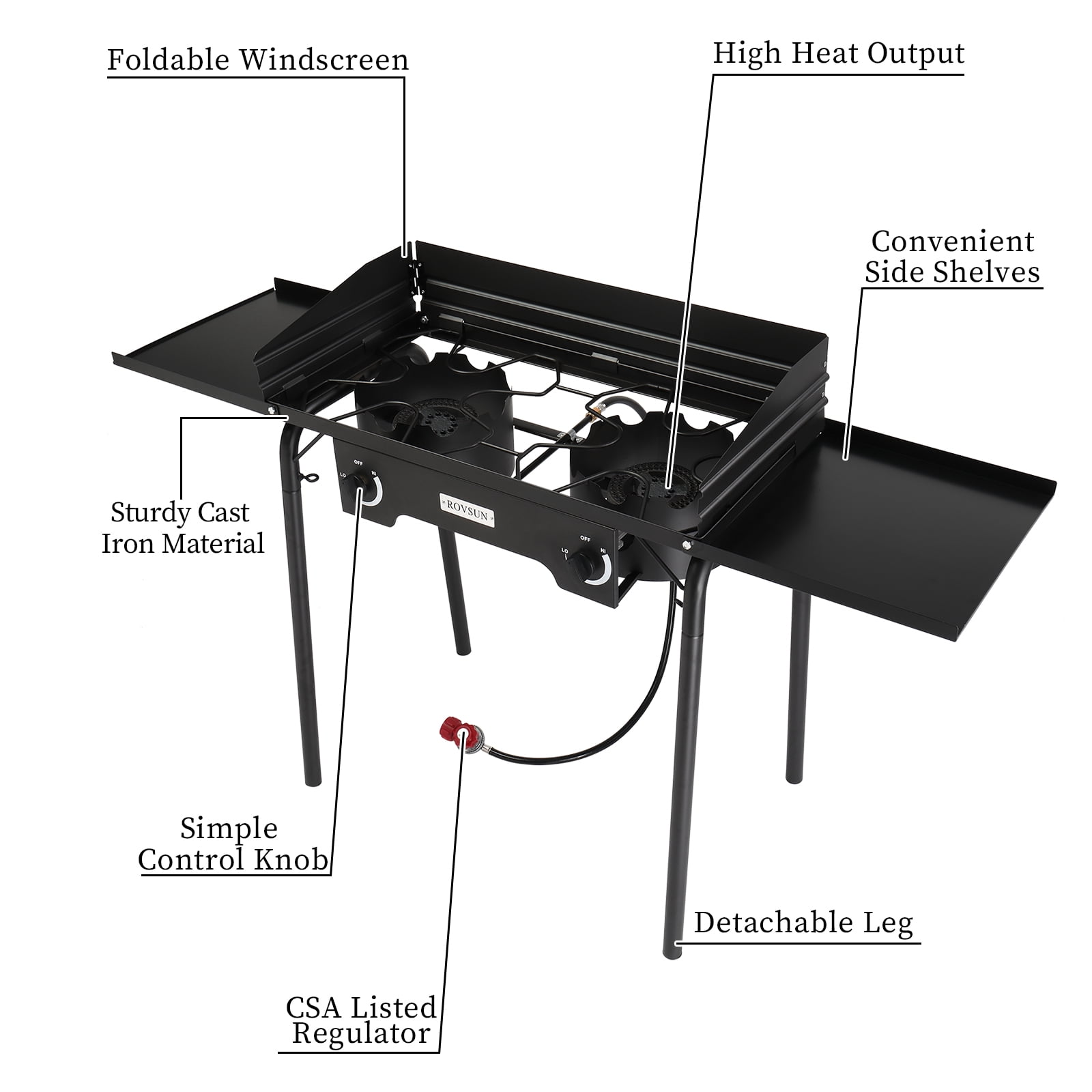 SalonMore Portable Outdoor Propane 15,0000 BTU 2-Burner Camping Stove with Removable Legs, Wind Panels,Regulator