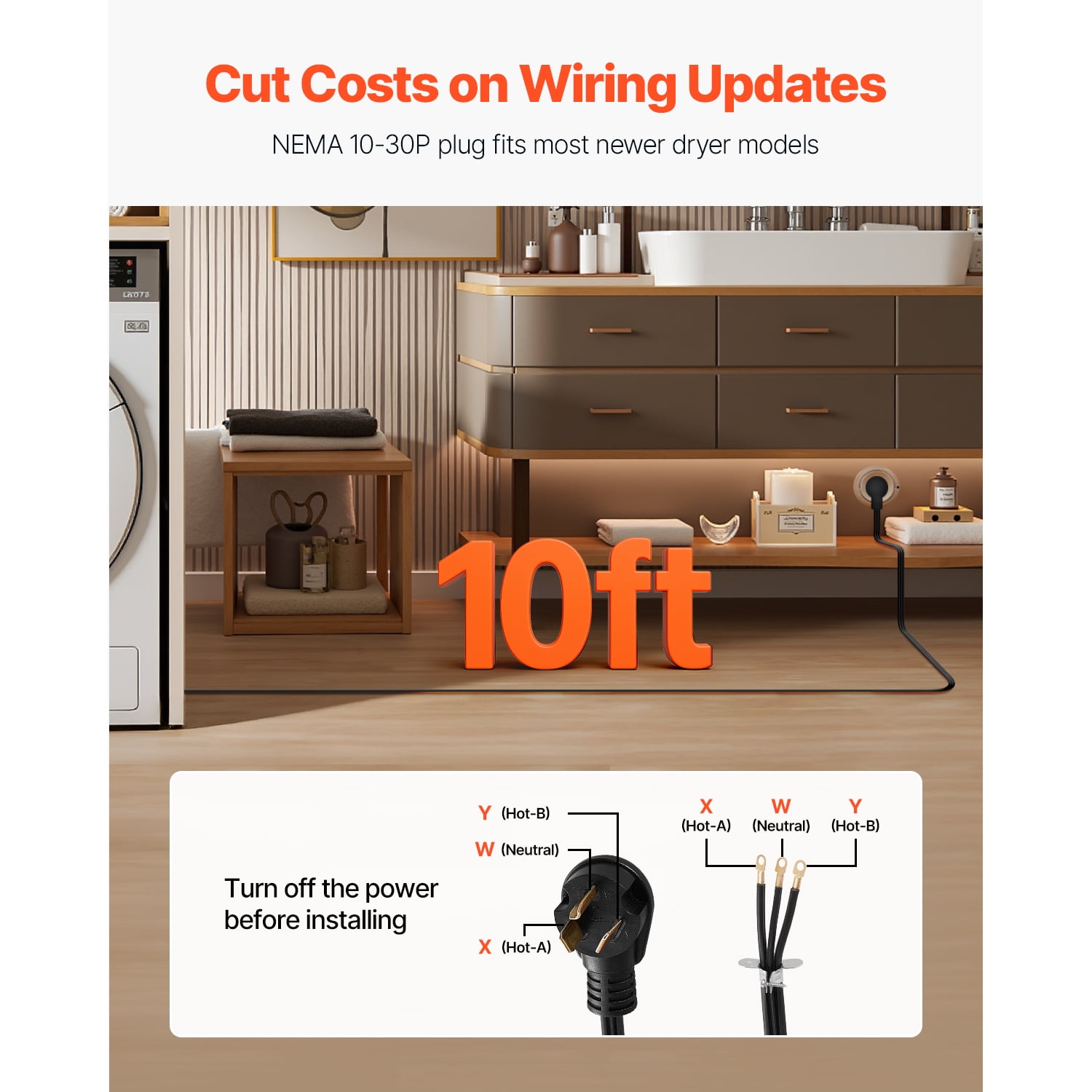 KFFKFF 10 ft Dryer Power Cord, 3-Prong NEMA 10-30P Appliance Cable with Eyelet Connectors, 125V/250V, SDRT 10AWG/3C, 30A, Copper Wire with PVC Tie, Suitable for Indoor & Outdoor Applications