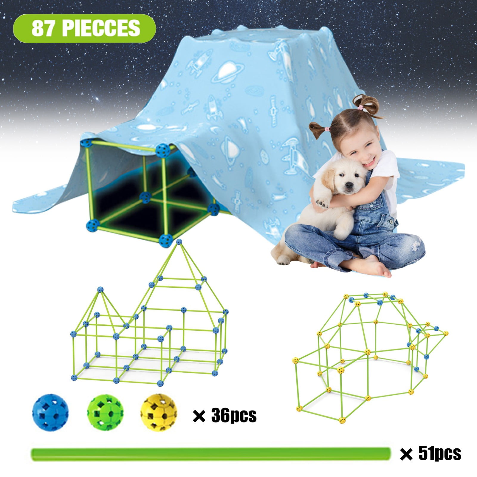 WodoFoxo Kids Tent 87Pcs/set STEM Toys Glowing Fort Construction
