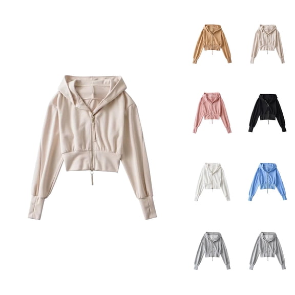 Cropped Zip Up Hoodies for Women 2025 Fall Winter Long Sleeve High Waist Hooded Sweatshirt Jacket Coat