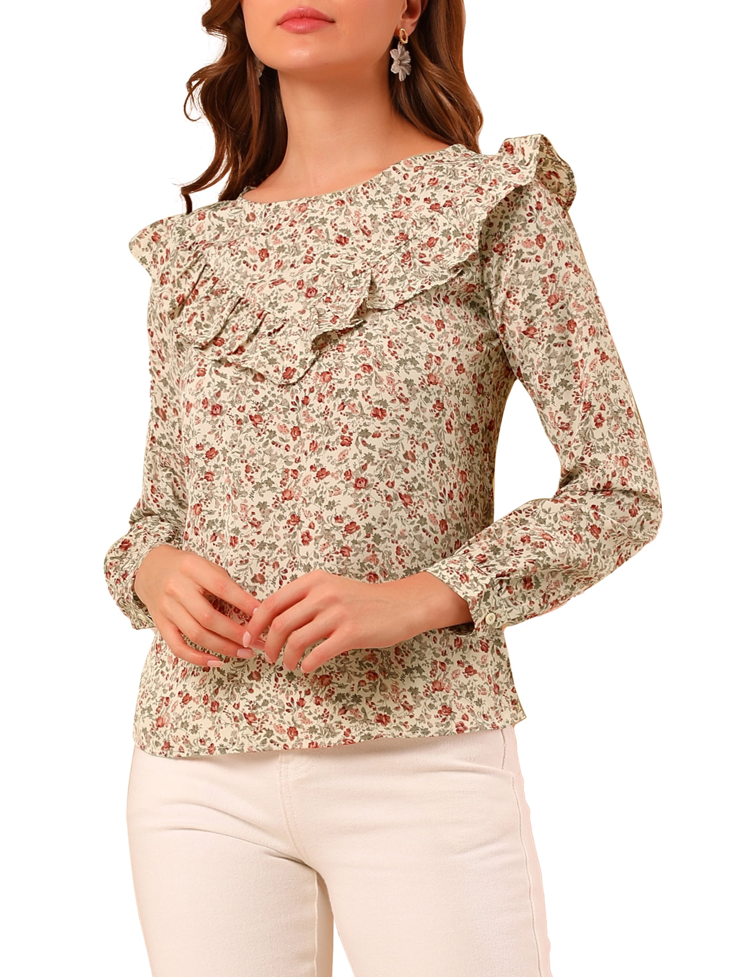 Women Round Neck Floral Printed Tops Ruffle Long Sleeve Casual Blouses and Shirts