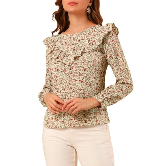 Allegra K Women's Floral Printed Top Long Sleeve Round Neck Ruffle Collar Blouse
