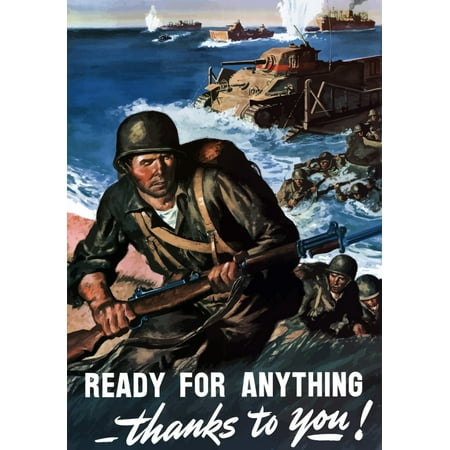 Russian Propaganda Poster - Digitally restored war propaganda poster This vintage World War II poster features American soldiers and tanks storming the enemy beach under fire It declares - Ready for anything Thanks To You Poster