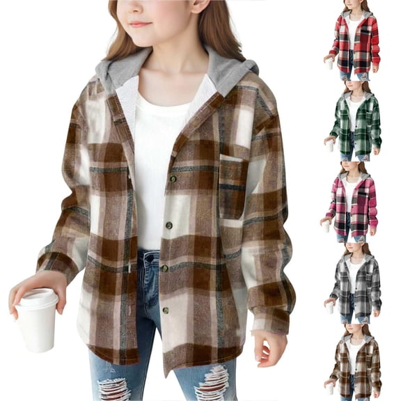 Ankola Kids Fleece Lined Plaid Hooded Shirt Jacket, Unisex Boys Girls Button Down Long Sleeve Warm Hooded Flannel Coat Preppy Fall Outerwear for Ages 4-15
