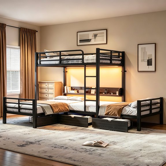 Bellemave Triple Bunk Bed with Storage and Charging Station, Metal Twin Over Twin/Twin Bunk Bed with LED Lights, USB Ports, 3 Drawers and Shelves for 3, No Box Spring Needed,Black