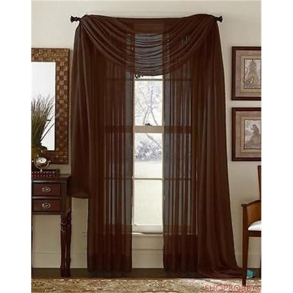 Linda Voile Sheer Solid Window Scarf, Coffee Brown, 55x216