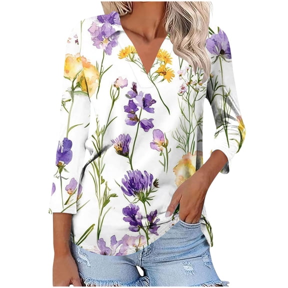 Njagoc3 Womens V - Neck 3/4 Sleeve Top, White - Purple Floral Print Shirt, Feminine for Garden Parties