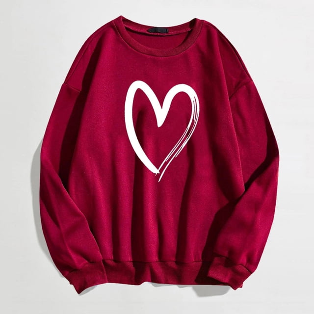 Bmisegm Mode Chandail Chaud pour Femmes Décontracté à Manches Longues Col Rond Doux T-Shirt Imprimé Cœur d'Amour Chandails d'Hiver pour Dames Hauts Chandail pour Femmes Rouge m