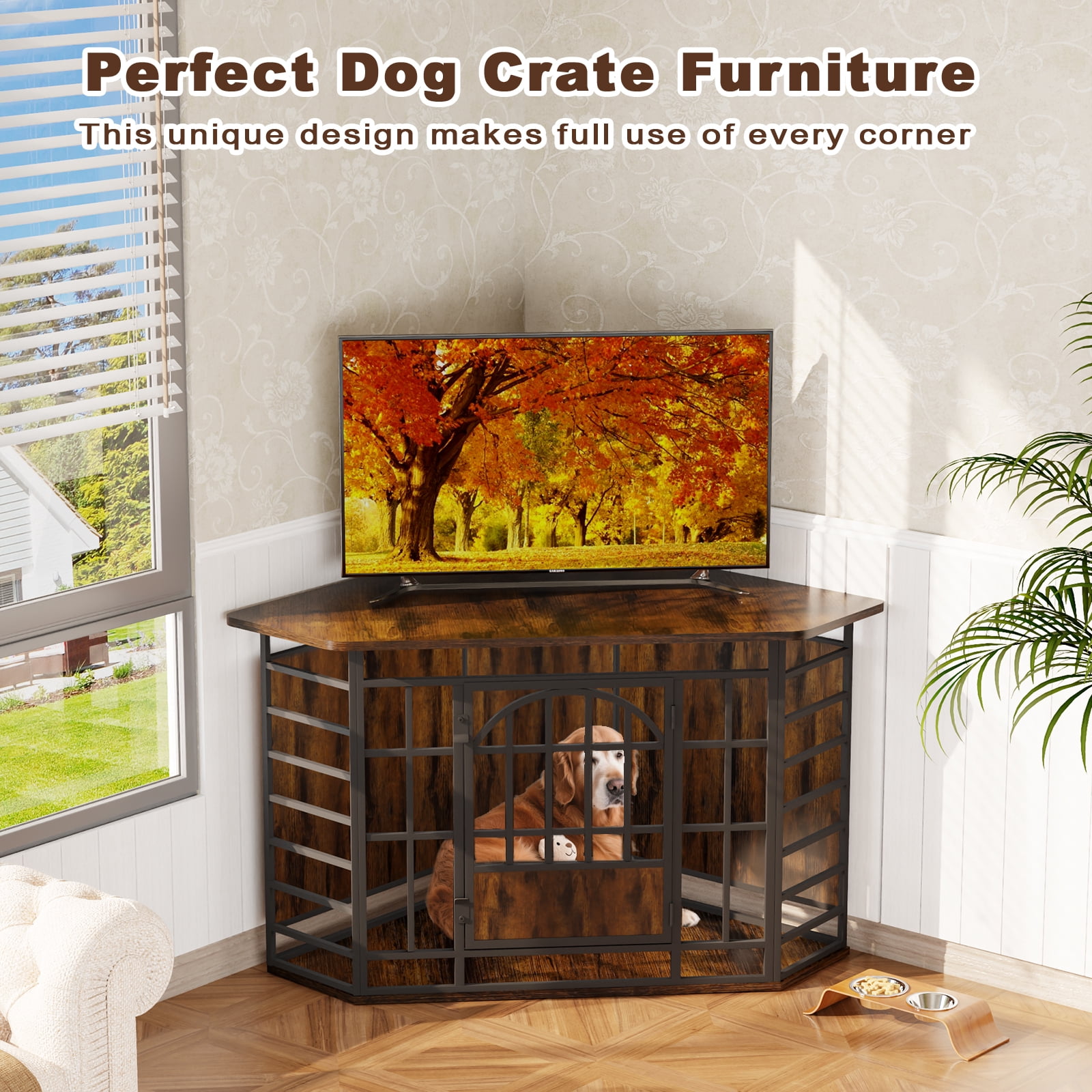 Fowroa 52 Inch Wooden Corner Dog Crate Furniture, Indoor Decorative Dog Kennel for Medium & Large Dogs, Brown