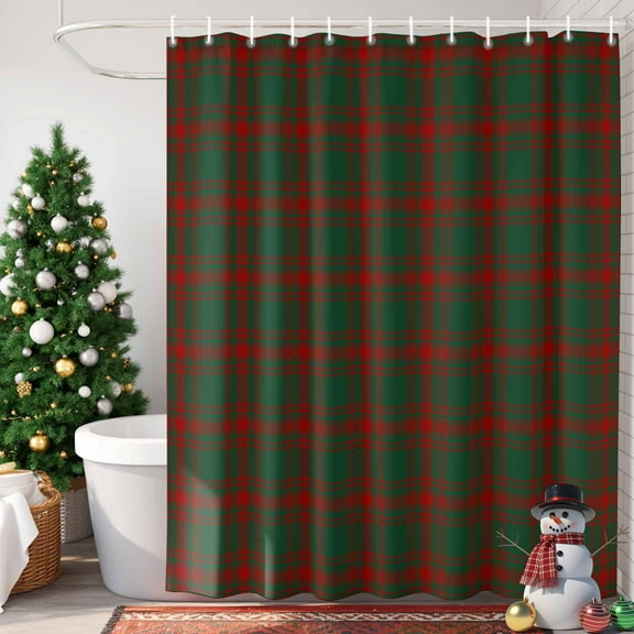 Christmas Winter Shower Curtain, 60" x 72", Vintage Farmhouse Red Green Plaid Waterproof Bathroom Curtain Washable Shower Curtain Set with 12 Hooks