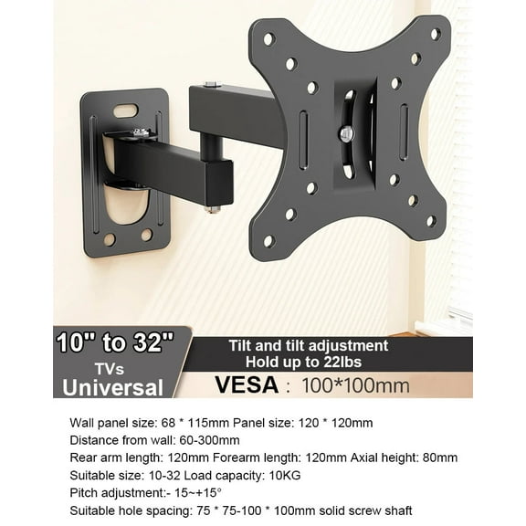 Full Motion TV Monitor Wall Mount Bracket Articulating Arms Swivel Tilt Extension Rotation for Most 10-32 Inch Flat Curved TVs