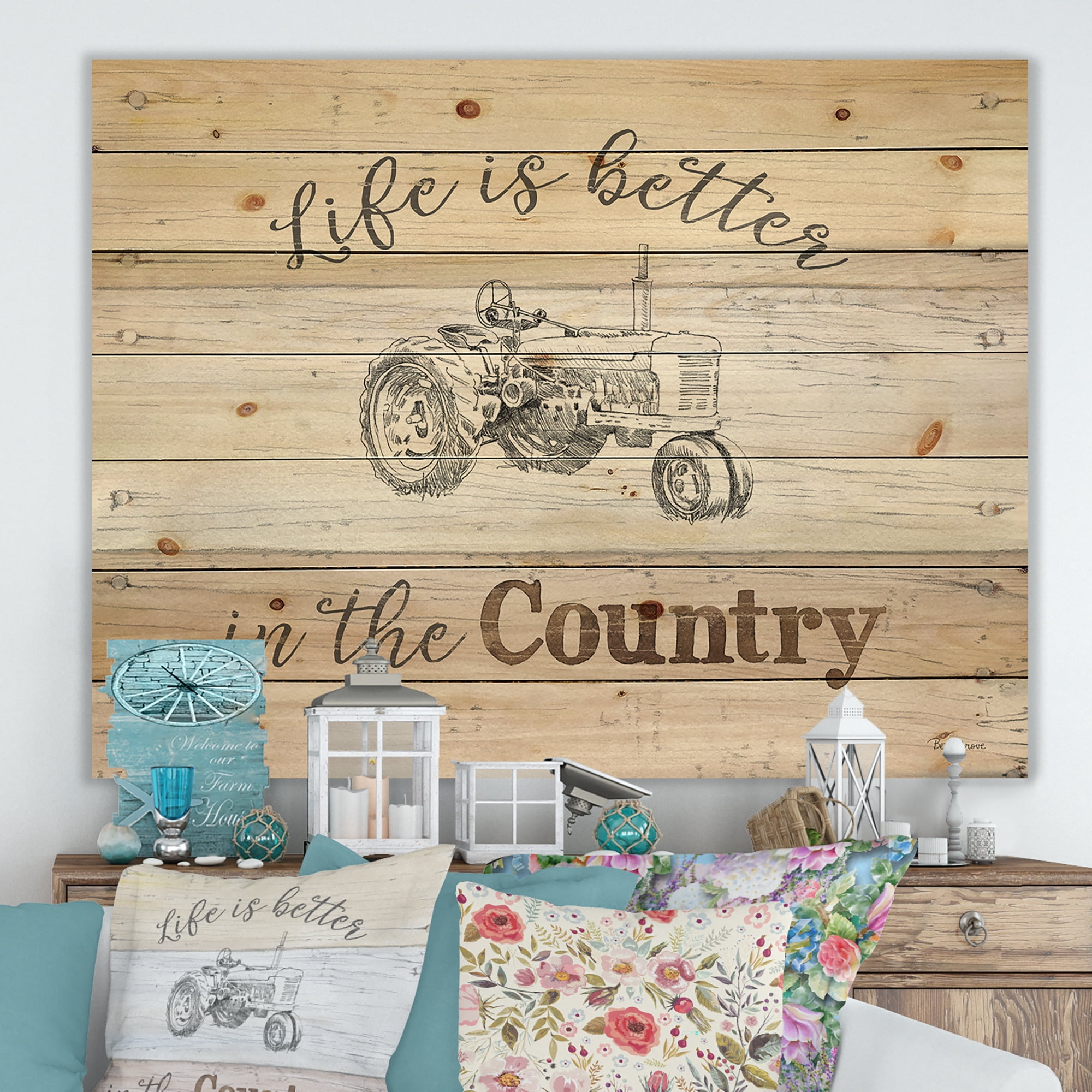 Designart 'Farmhouse Quote Moment Tractors' Farmhouse Print on Natural Pine Wood