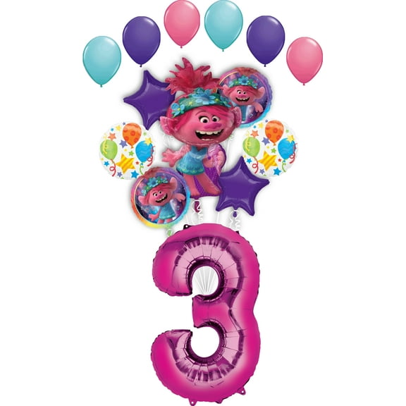 Trolls World Tour 3rd Birthday Party Supplies Poppy Balloon Bouquet Decorations