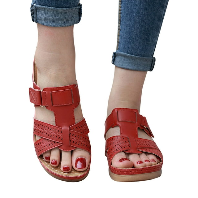 SEANOPEN Aubaines Sandales Compensées Femme Été: Sandale Plateforme Habillée à Bout Ouvert Confortable Taille 5,5 Rouge