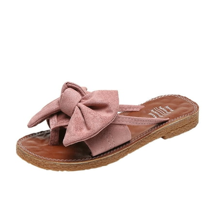 

KaLI_store Women Shoes House Slippers for Women with Floral Bow Comfy Open Toe House Shoes for Beach Indoor Outdoor Pink